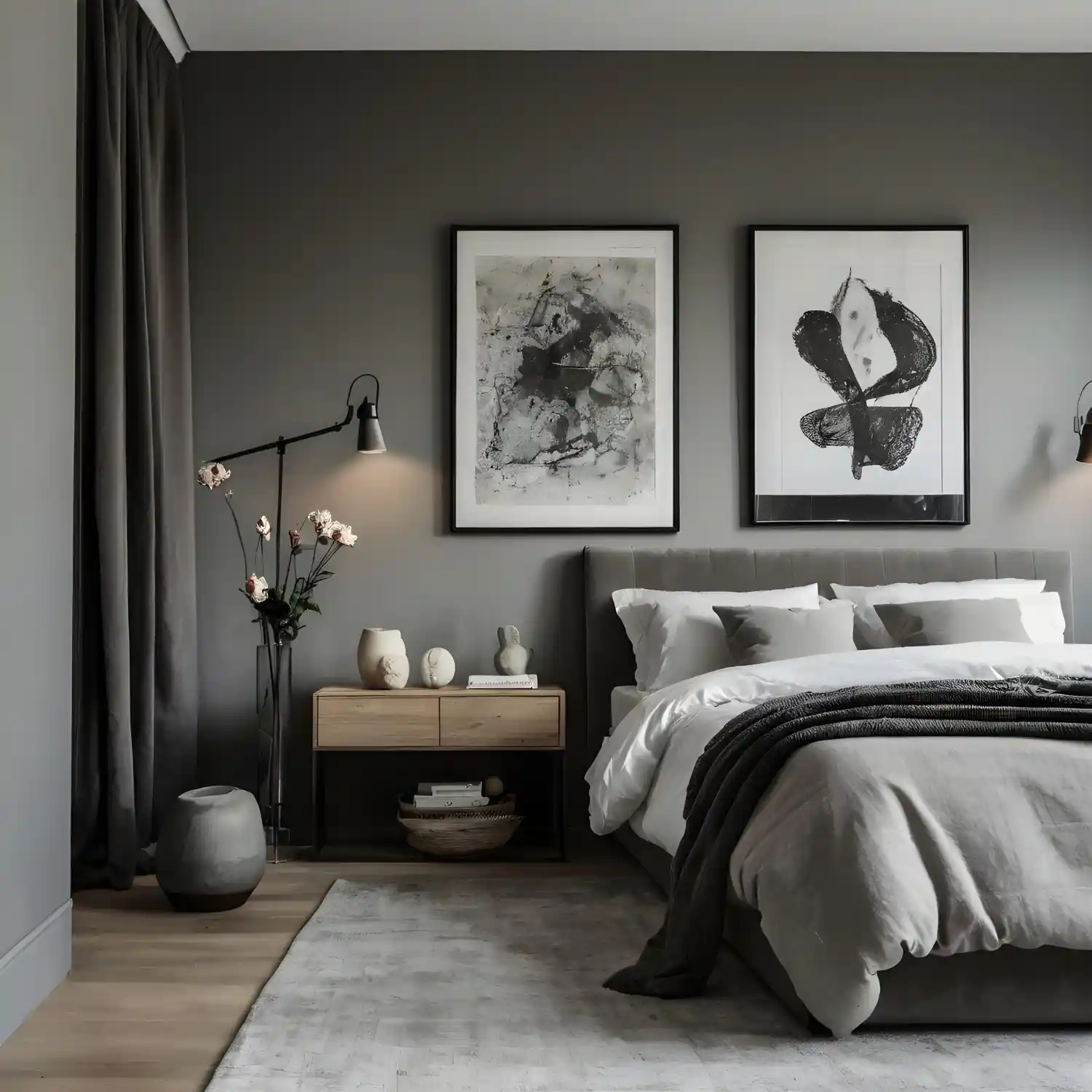 Scandinavian bedroom palette with warm white walls, warm greige accent wall, and pale oak floor in natural light