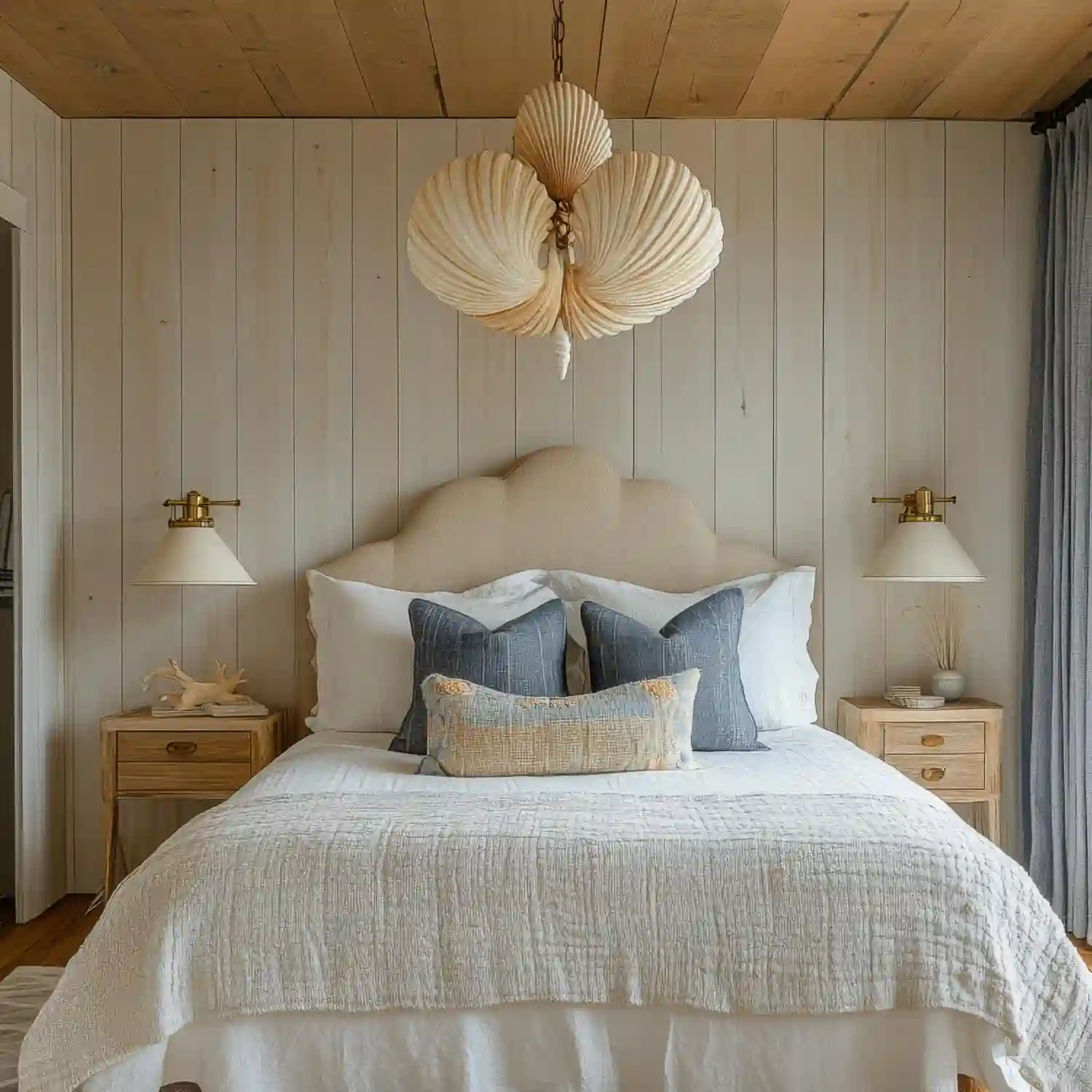 Low pale oak platform bed 16 inches off the floor in a clean Nordic bedroom with warm white walls and linen bedding