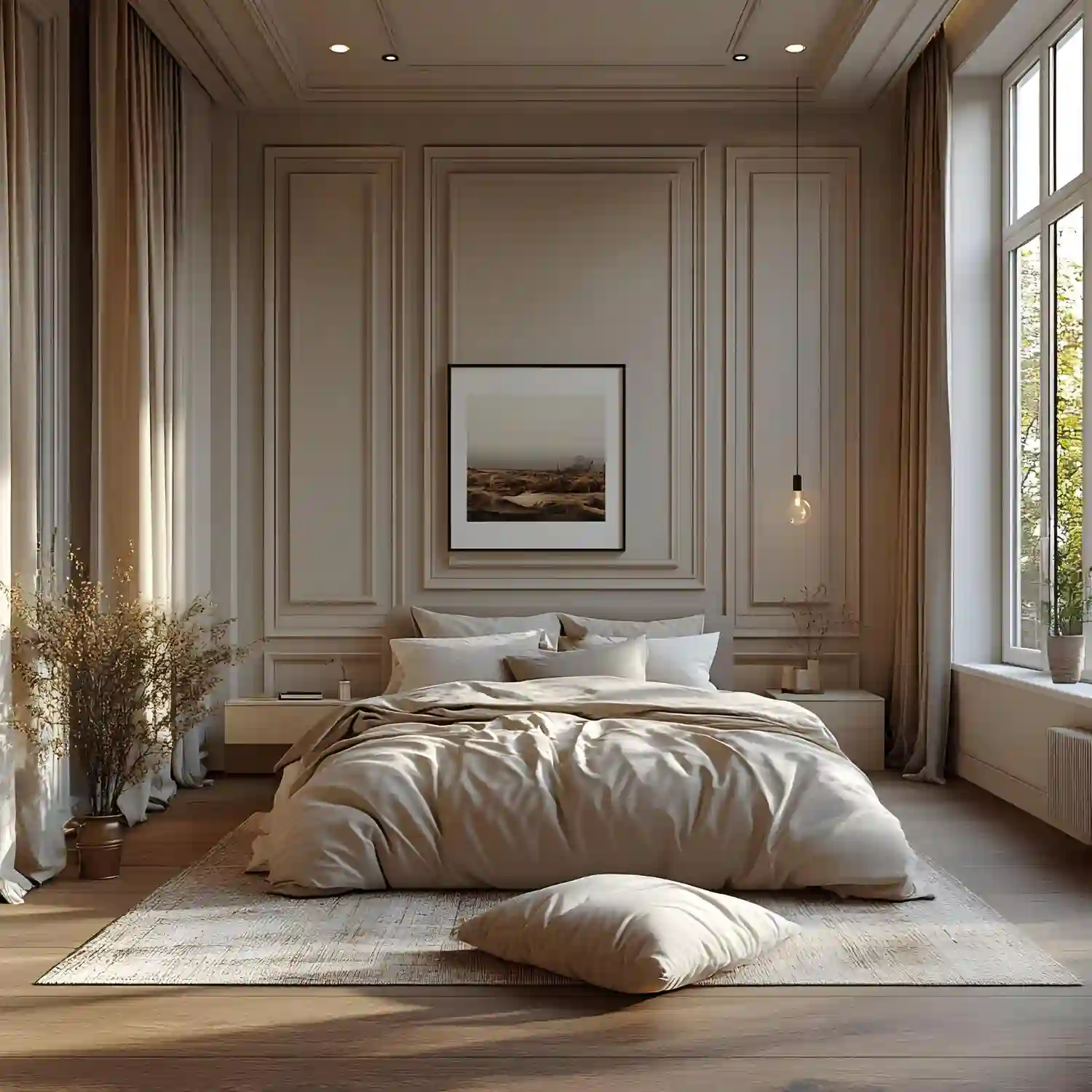 Bedroom walls in warm white Alabaster SW 7008 with pale oak floor and natural linen bedding in morning light