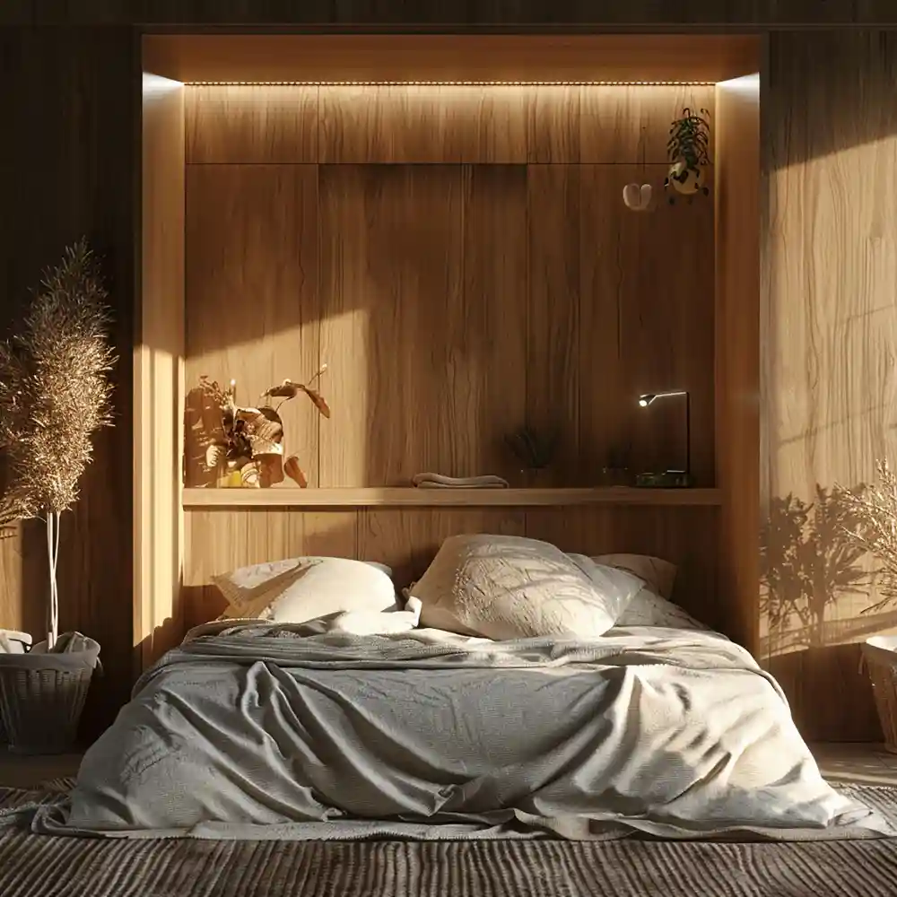Full shiplap plank accent wall behind a bed stained warm oak with cream bedding and brass lamp