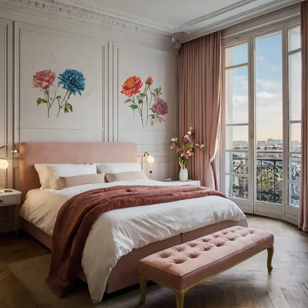 Small bedroom with warm dusty blush walls, cream linen bedding, and natural wood nightstand