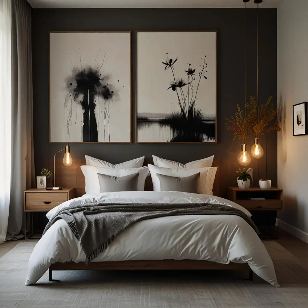 Cozy minimalist small bedroom with layered linen bedding, low-profile bed, one warm lamp, and a single piece of art