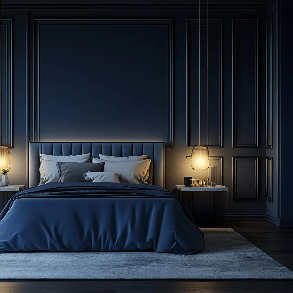 Small moody bedroom color-drenched in deep blue on walls, trim, and ceiling with warm lamp light