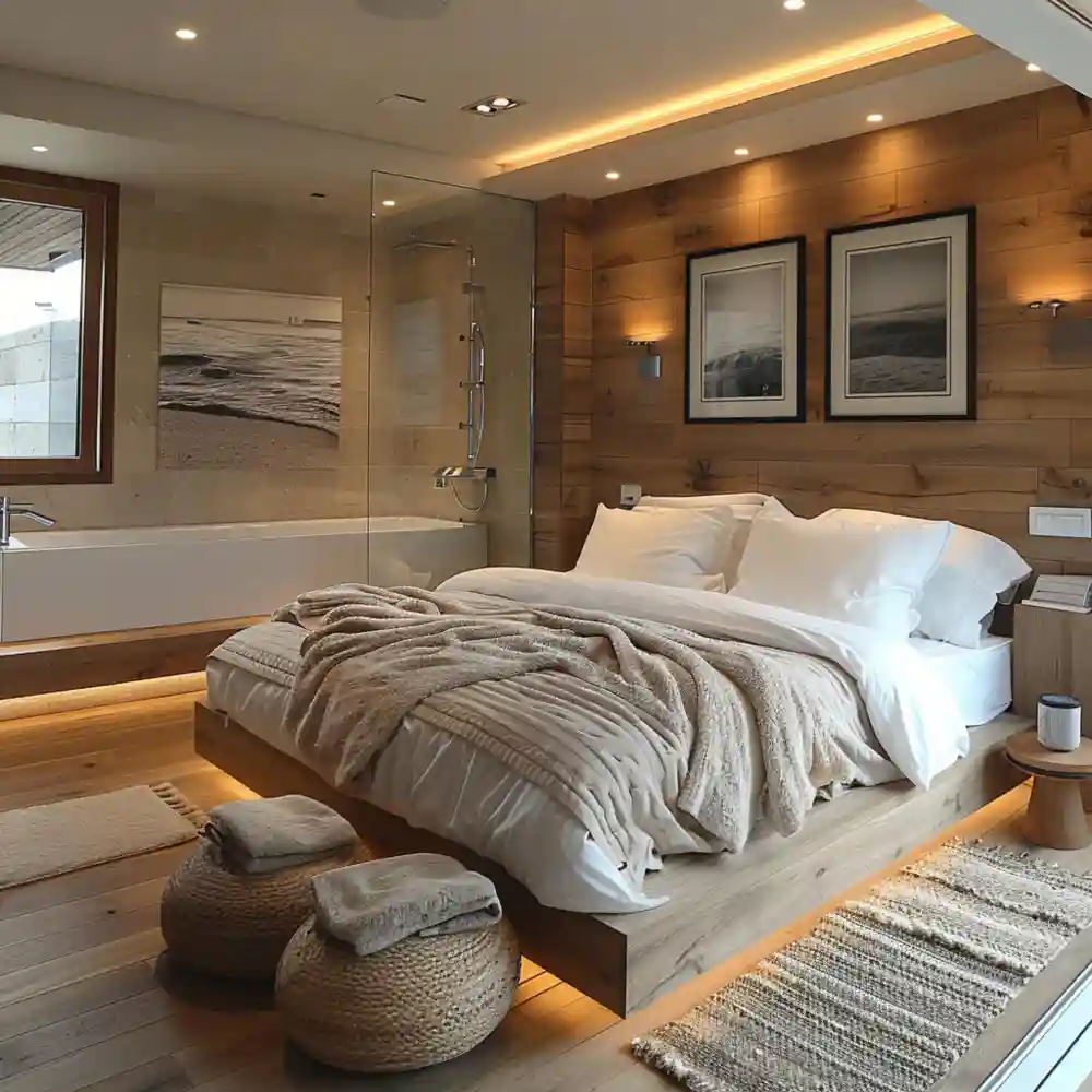 Shared small bedroom for a couple with balanced nightstands and clear walkways on both sides of a queen bed