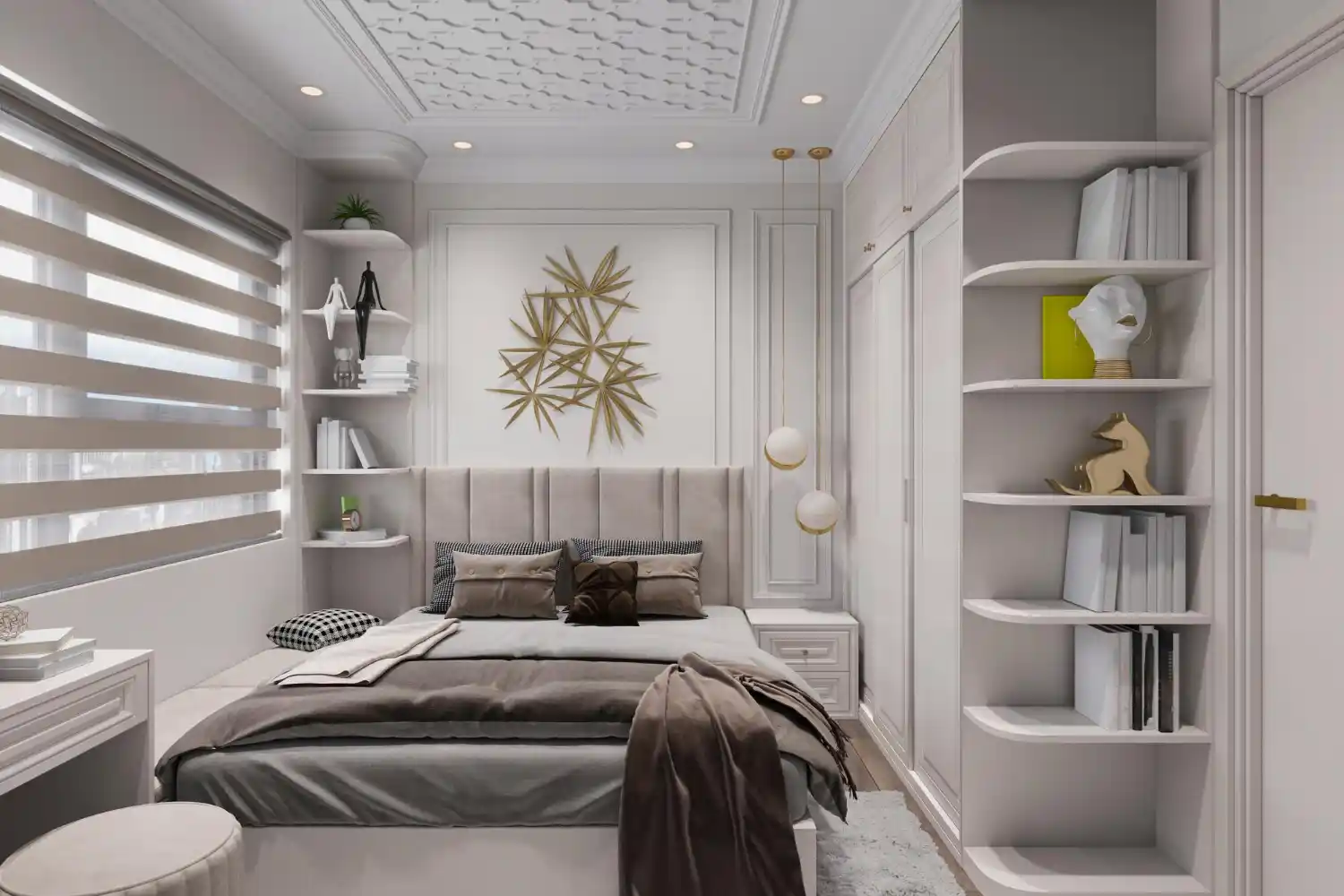 Bright small bedroom with a centered bed on the longest wall, tall slim dresser, wall shelves, and a soft greige palette