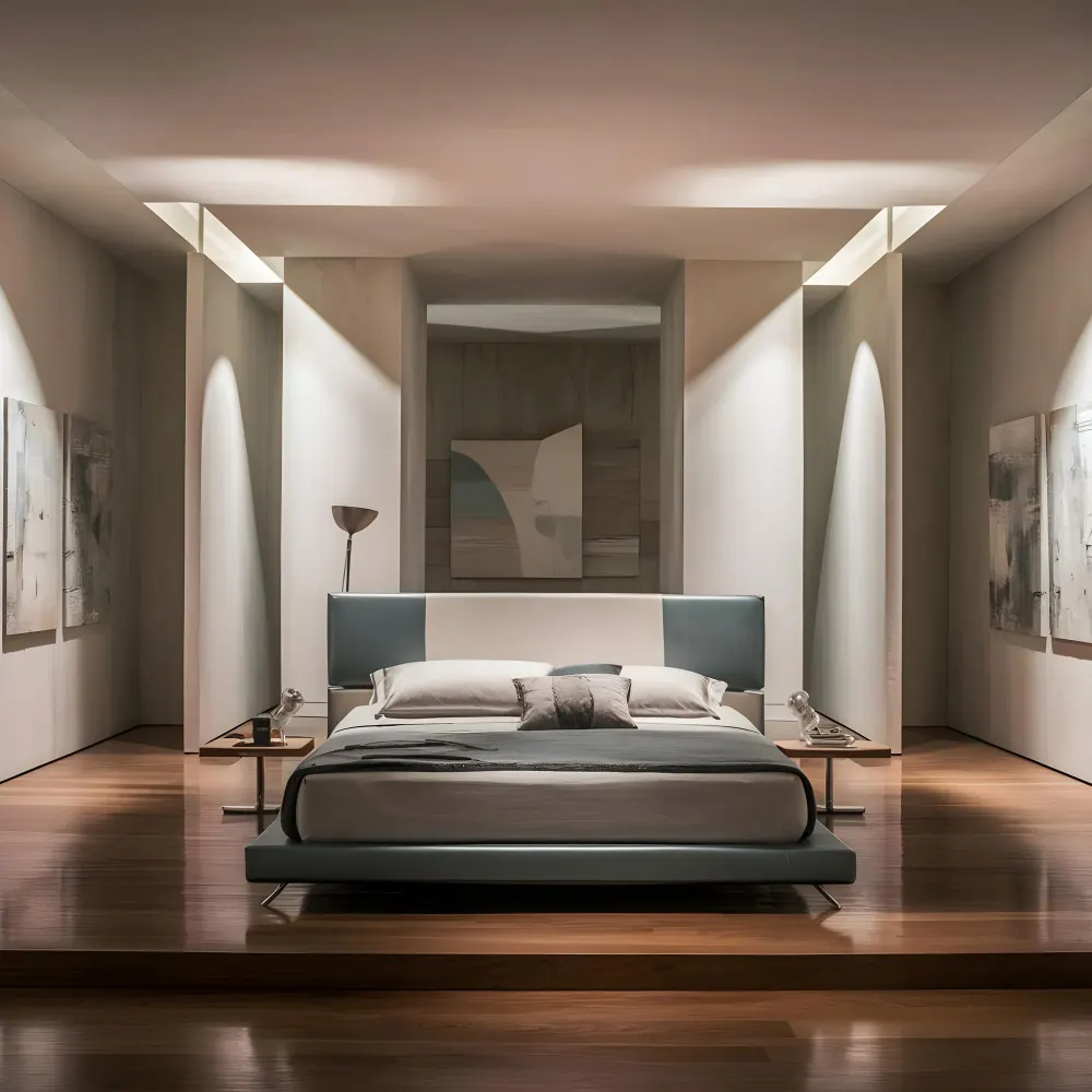 Compact bedroom with the bed on the longest wall, one slim nightstand, and a clear walkway to the window