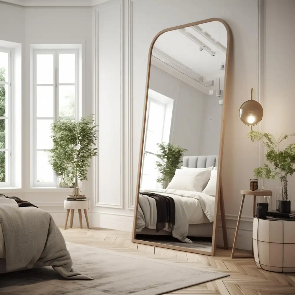 Small bedroom painted soft white with a large round mirror across from the window spreading natural daylight