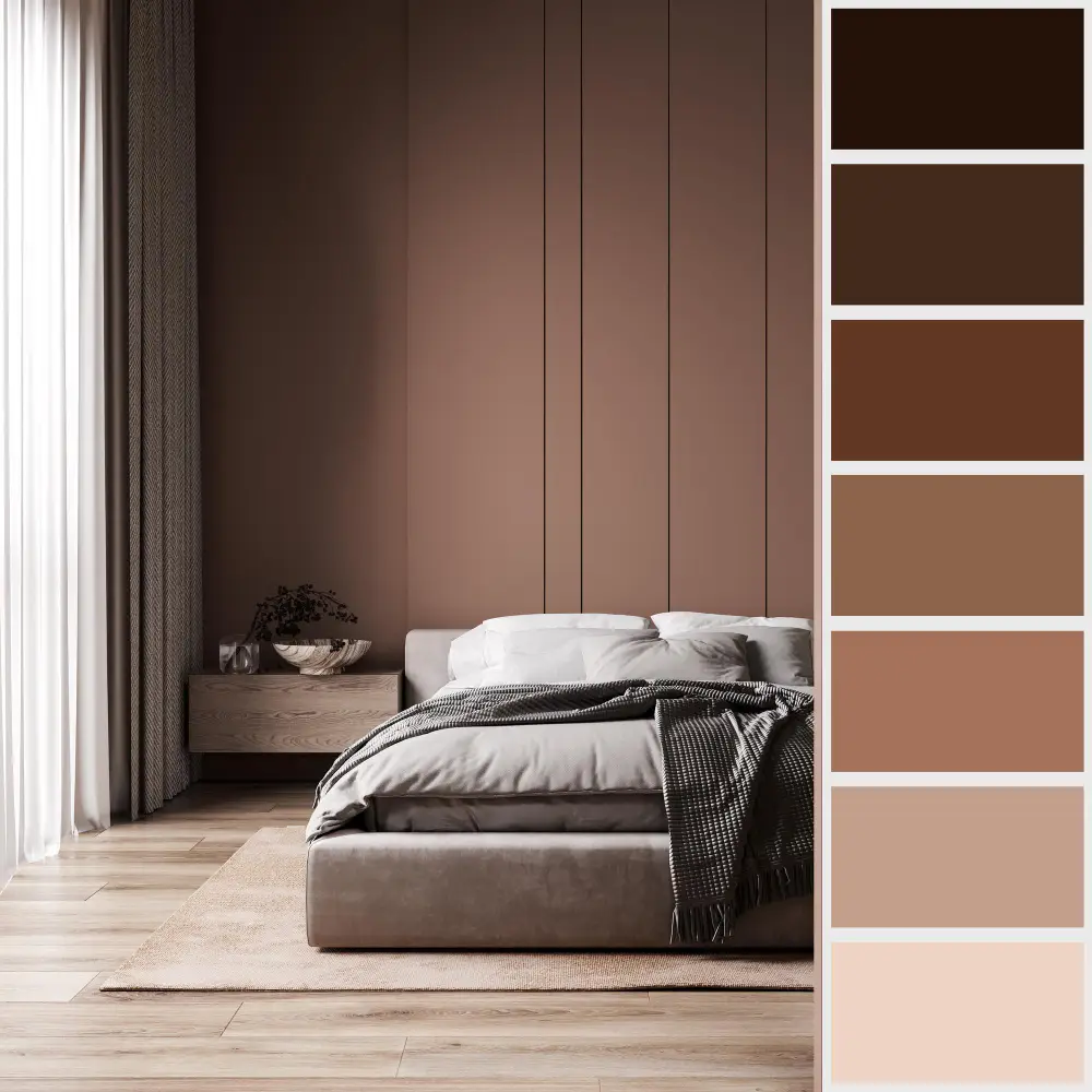 Paint sample swatches taped to a small bedroom wall near a window to test undertone by room direction