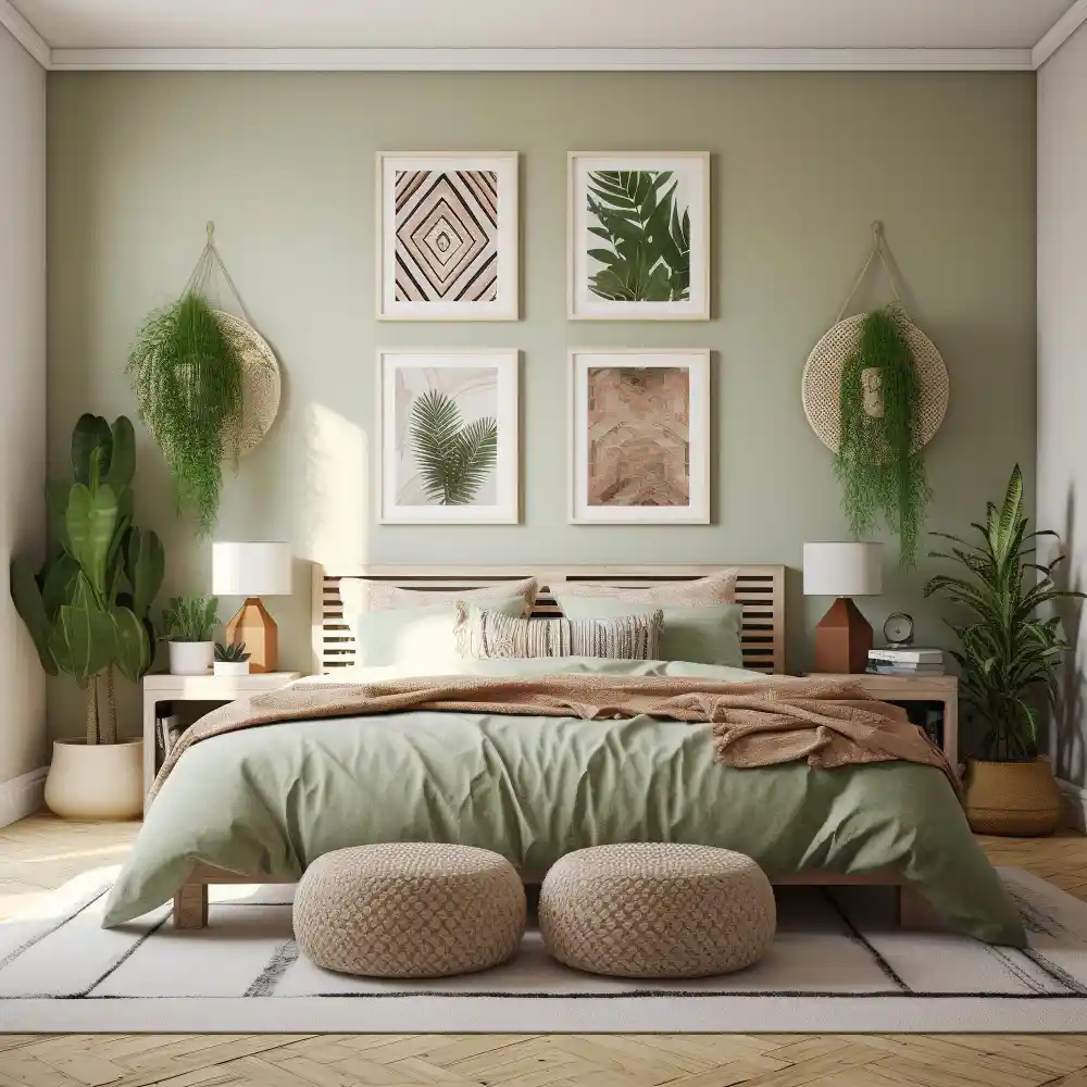Best paint colors for a small bedroom shown in muted sage green with oak nightstand and warm lamp