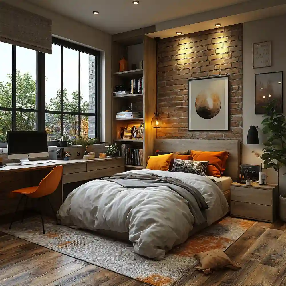 Small bedroom with a single bed against one wall freeing floor space for a compact desk and reading nook