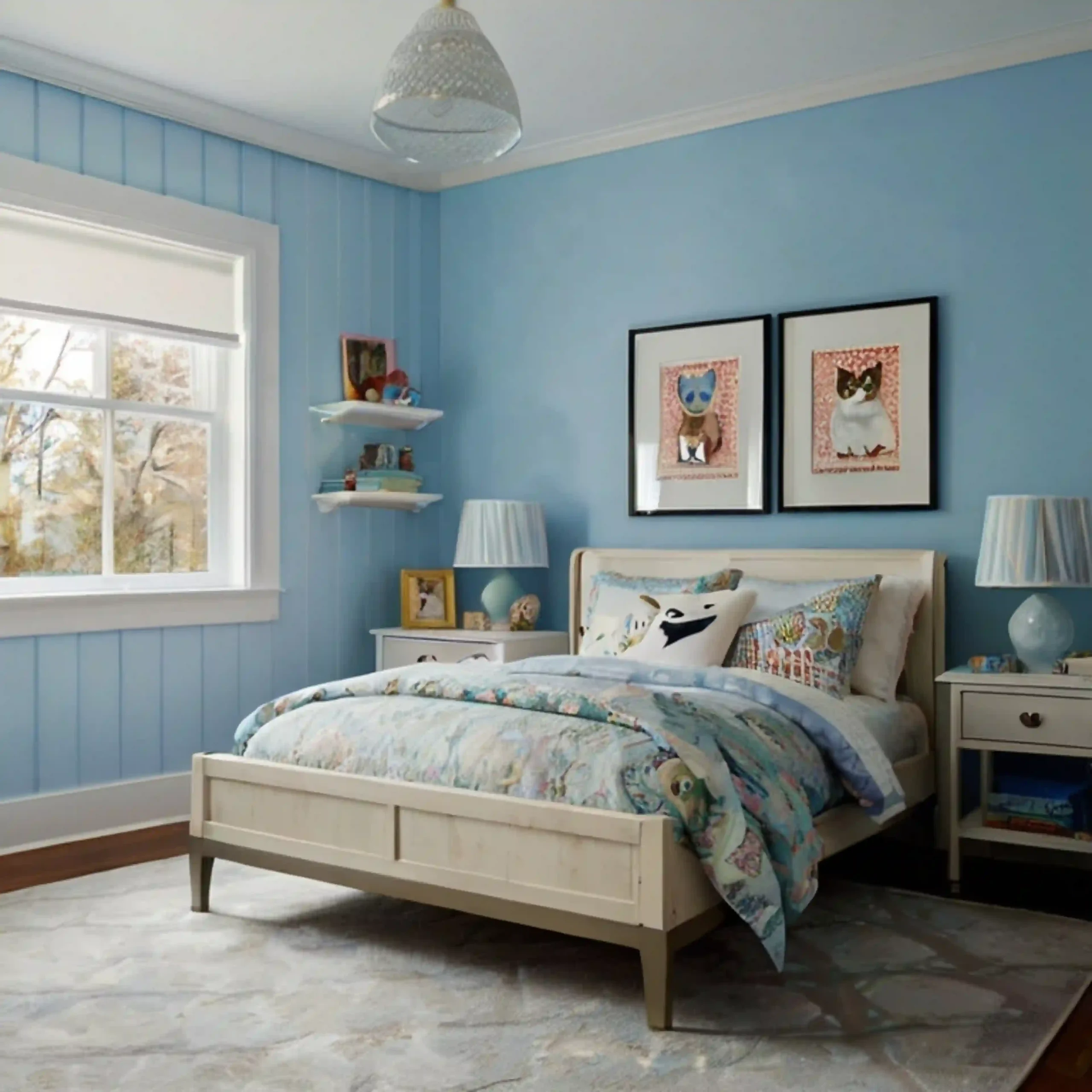 Small bedroom with soft warm-leaning blue walls, white bedding, and a brass reading lamp