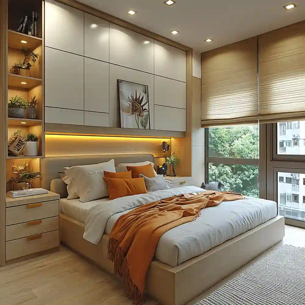 Small bedroom ideas with vertical wall shelves, a floating nightstand, and under-bed rolling drawers keeping the floor clear