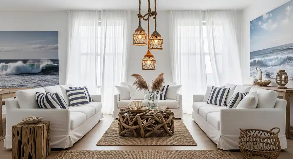 Bright small coastal living room with cream boucle sofa, jute rug, sheer linen curtains, and rattan pendant light