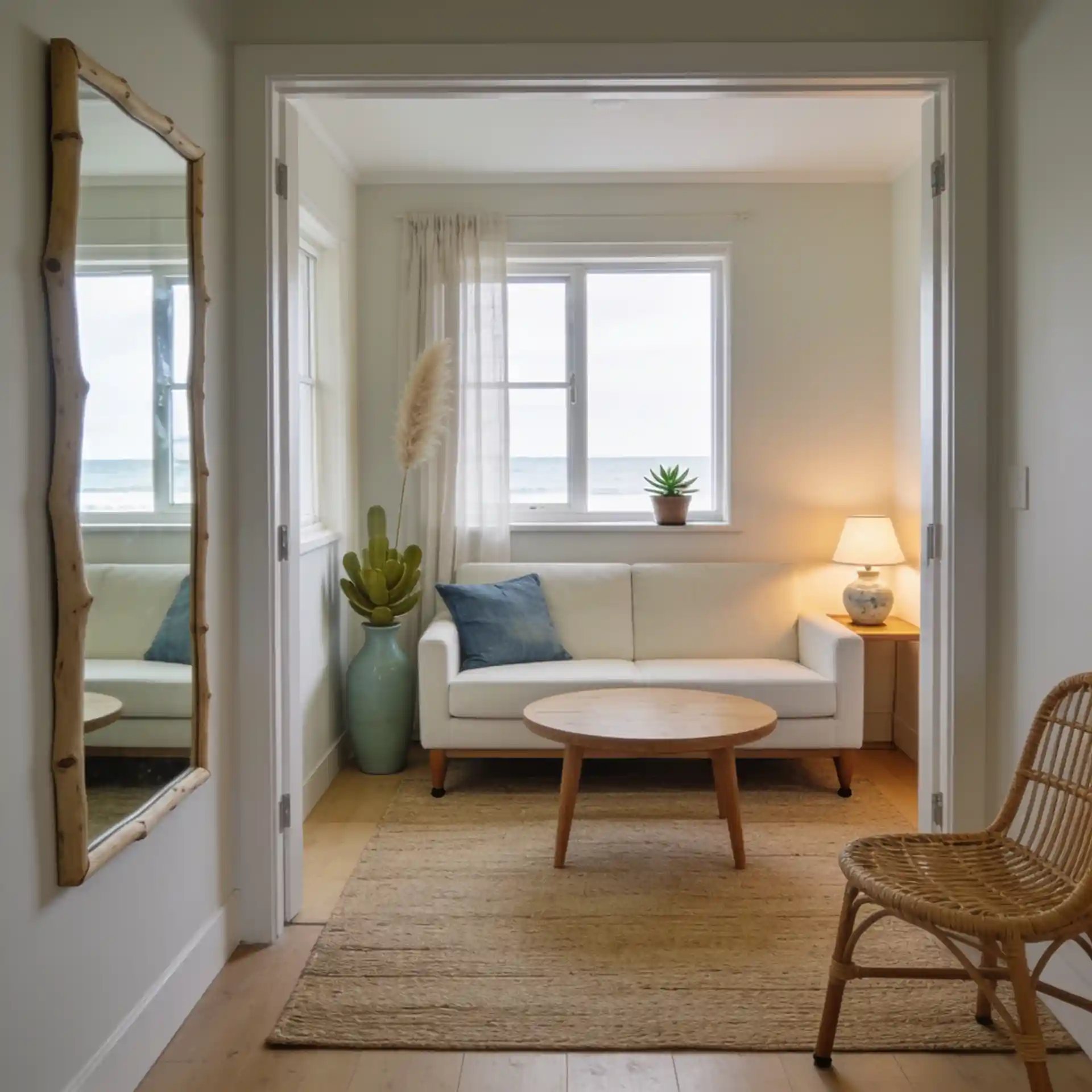 Small modern coastal living room with loveseat-sized cream sofa, jute rug, rattan chair, and large mirror in compact open layout
