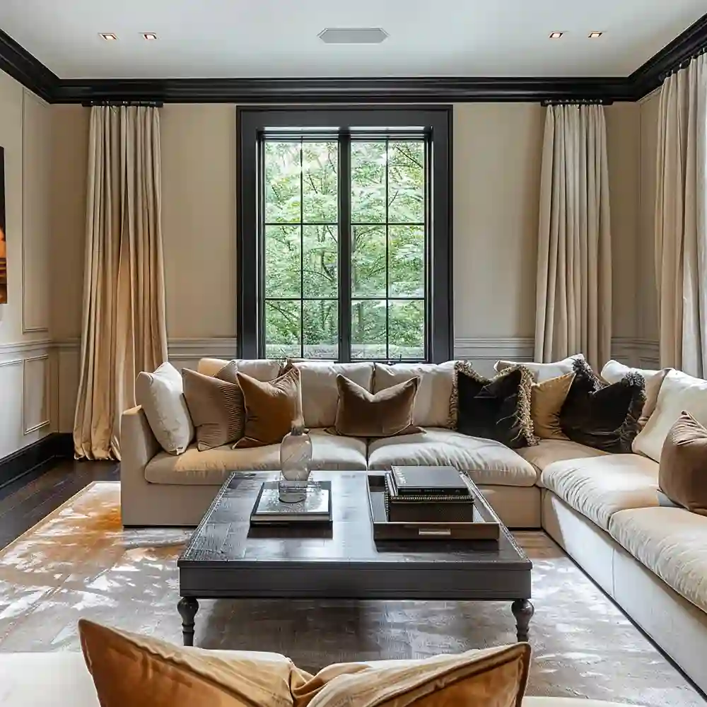 Ceiling-height sheer linen curtains filtering warm afternoon light in a small coastal living room