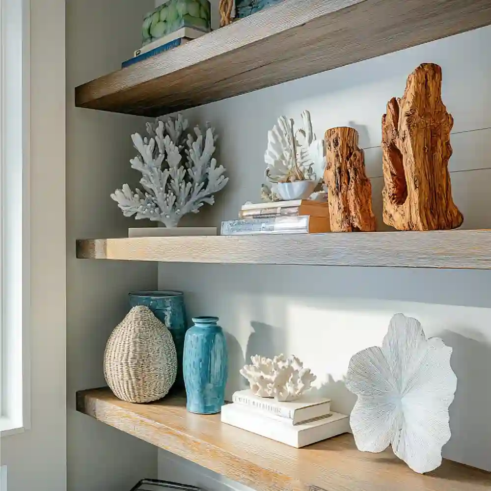 Small coastal living room wall detail with floating shelf, cream ceramics, and warm white paint in afternoon light