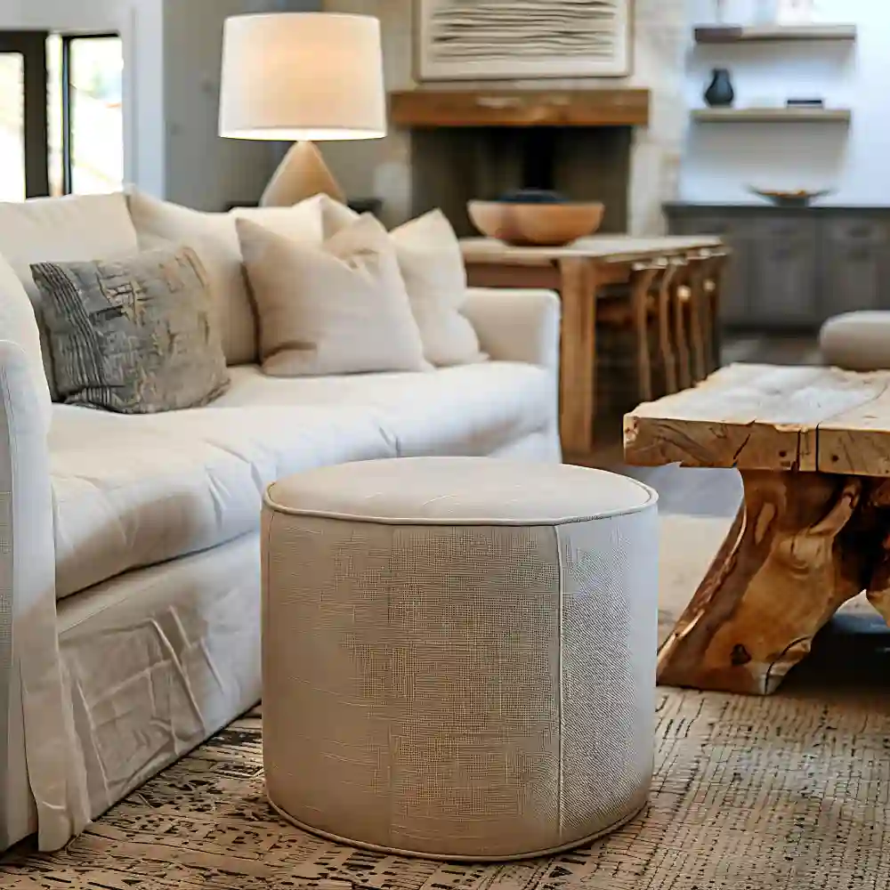 Rattan accent chair beside a glass coffee table in a small coastal living room with cream boucle sofa and jute rug