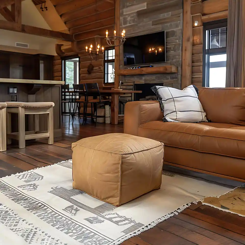 Compact country farmhouse living room with narrow open bookcase, 6-by-9-foot jute rug, and cream sofa pulled from the wall