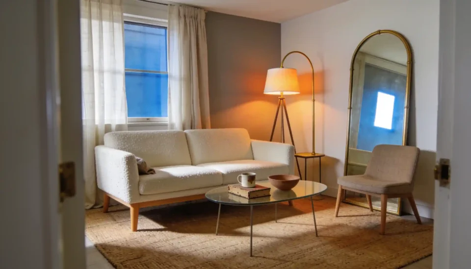 Compact living room styled with a cream boucle sofa, jute rug, ceiling-height linen curtains, and layered warm lighting