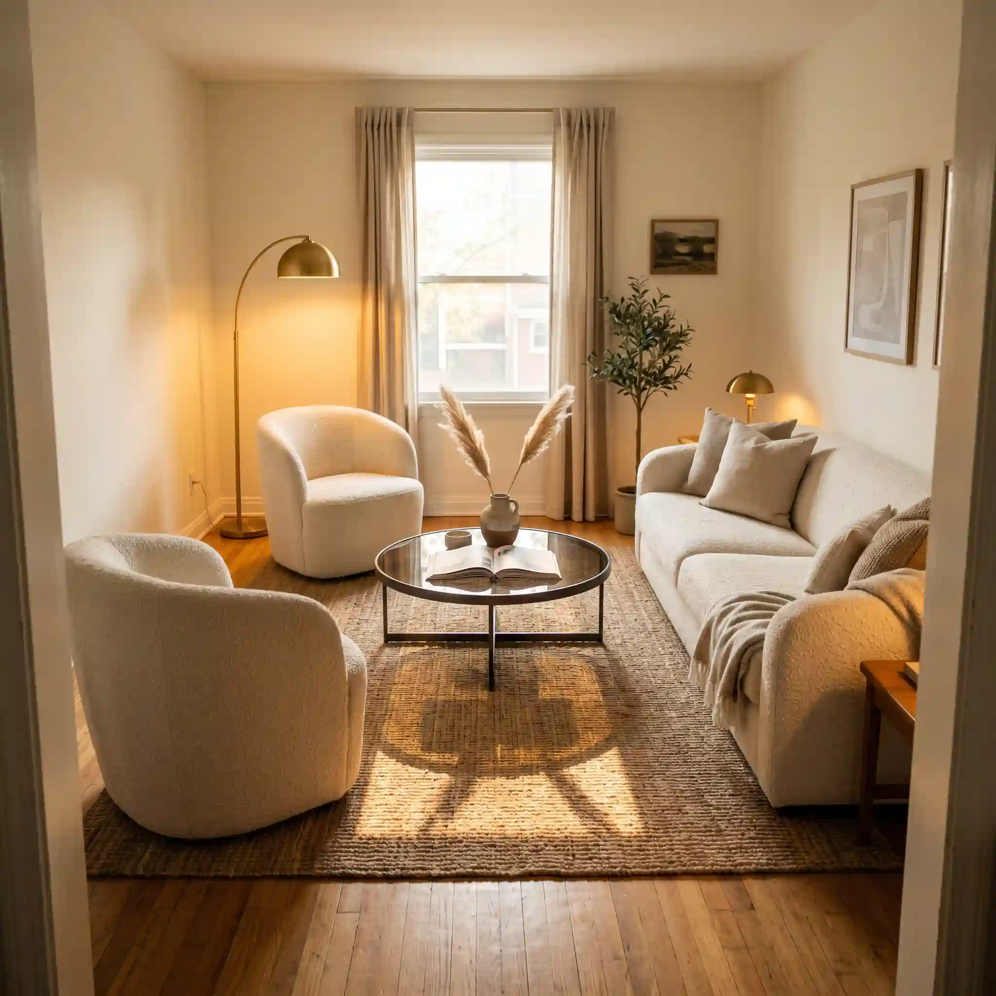 Small living room narrow layout with sofa on long wall, round coffee table, and rug defining the seating zone