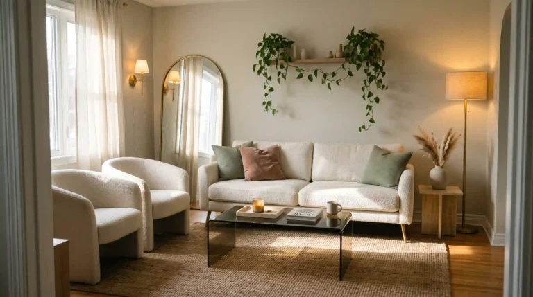 Small living room styled with boucle sofa, warm brass sconces at 2700K, and jute rug in a warm greige-toned space