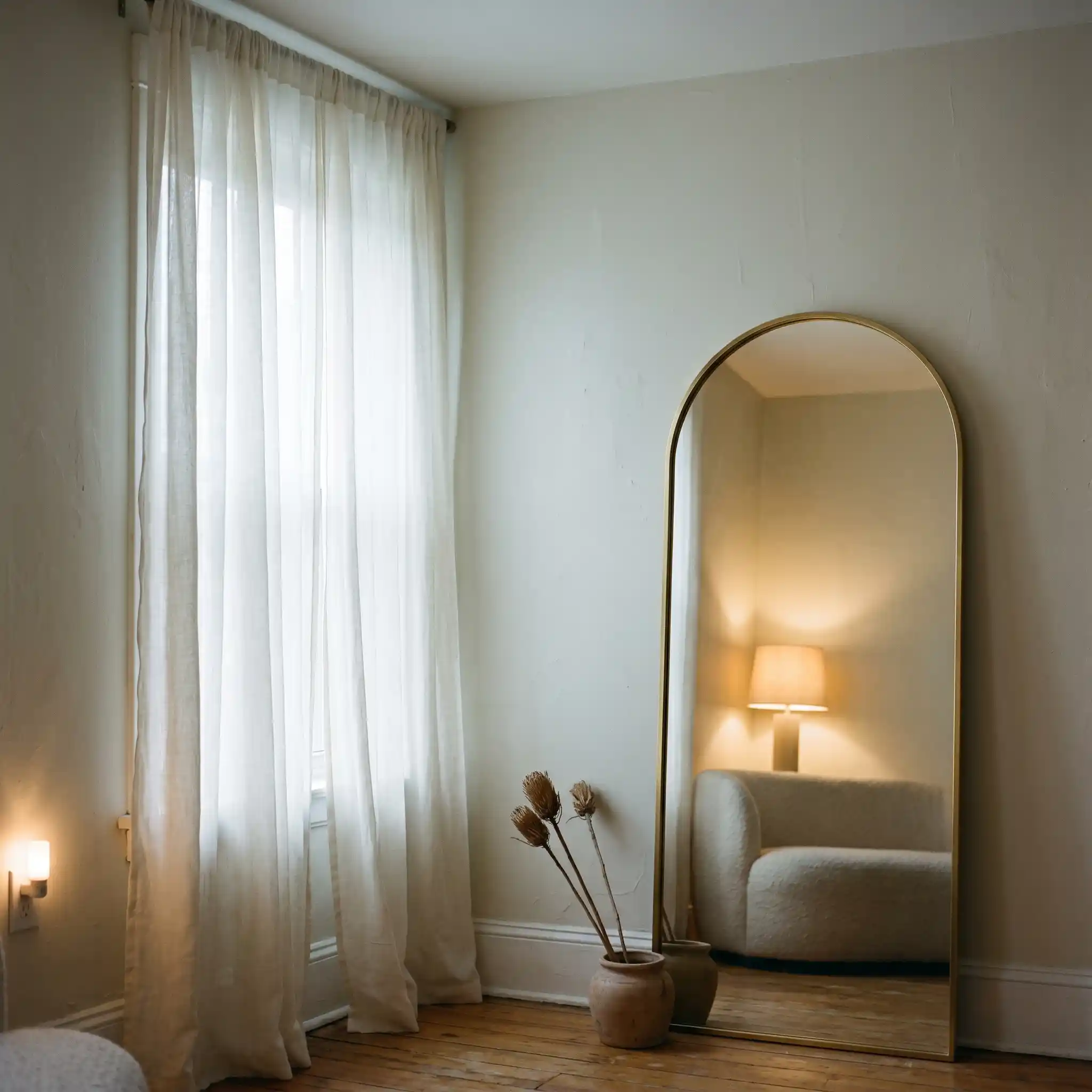 Small living room with ceiling-hung linen curtains and large arched mirror reflecting natural window light