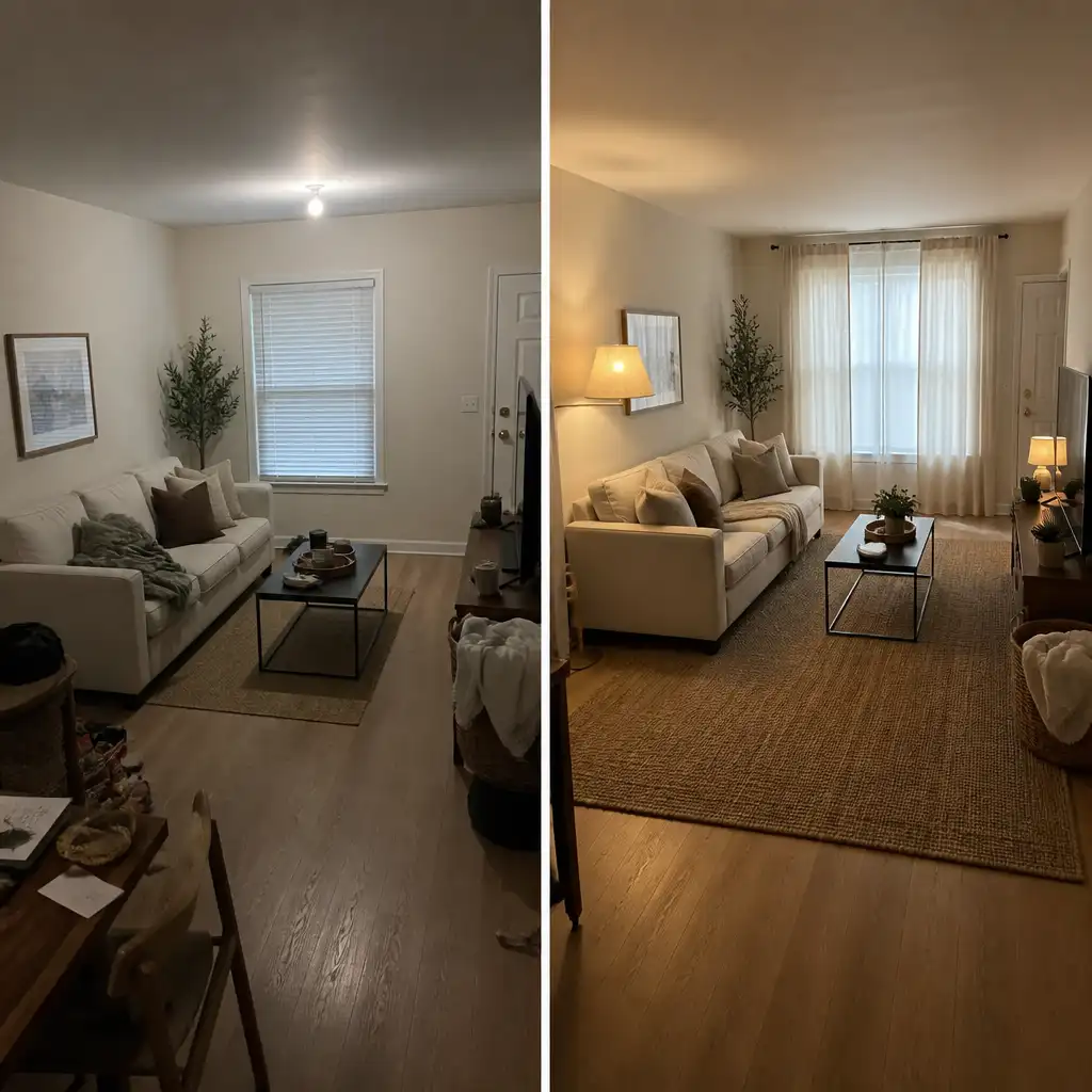 Side-by-side comparison of a small living room before and after fixing rug size, curtain height, and lighting layers