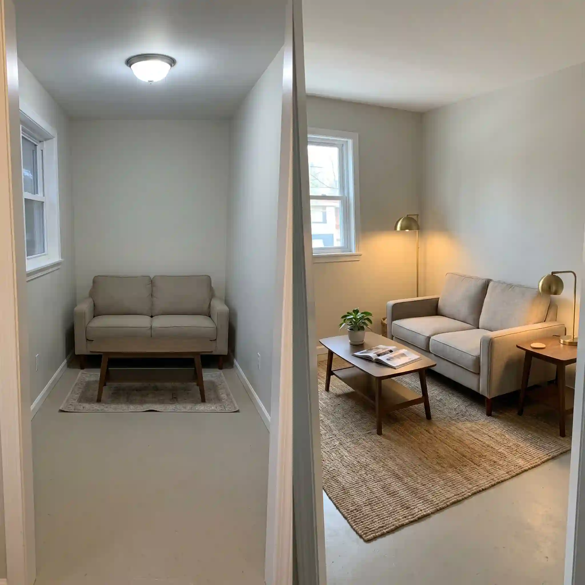 Two-panel comparison of a cluttered small living room versus the same room corrected with scale and lighting adjustments