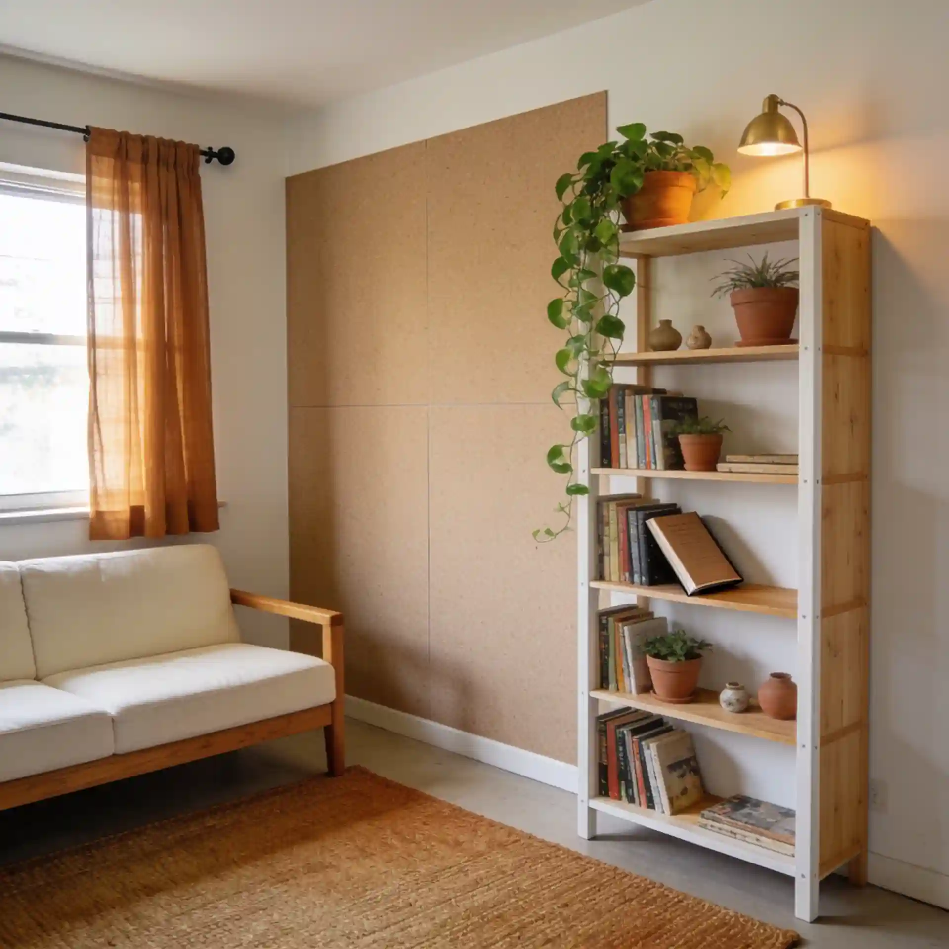 Rental-friendly small living room with no-drill ceiling curtain rods, freestanding bookshelf, and peel-and-stick accent wall panel