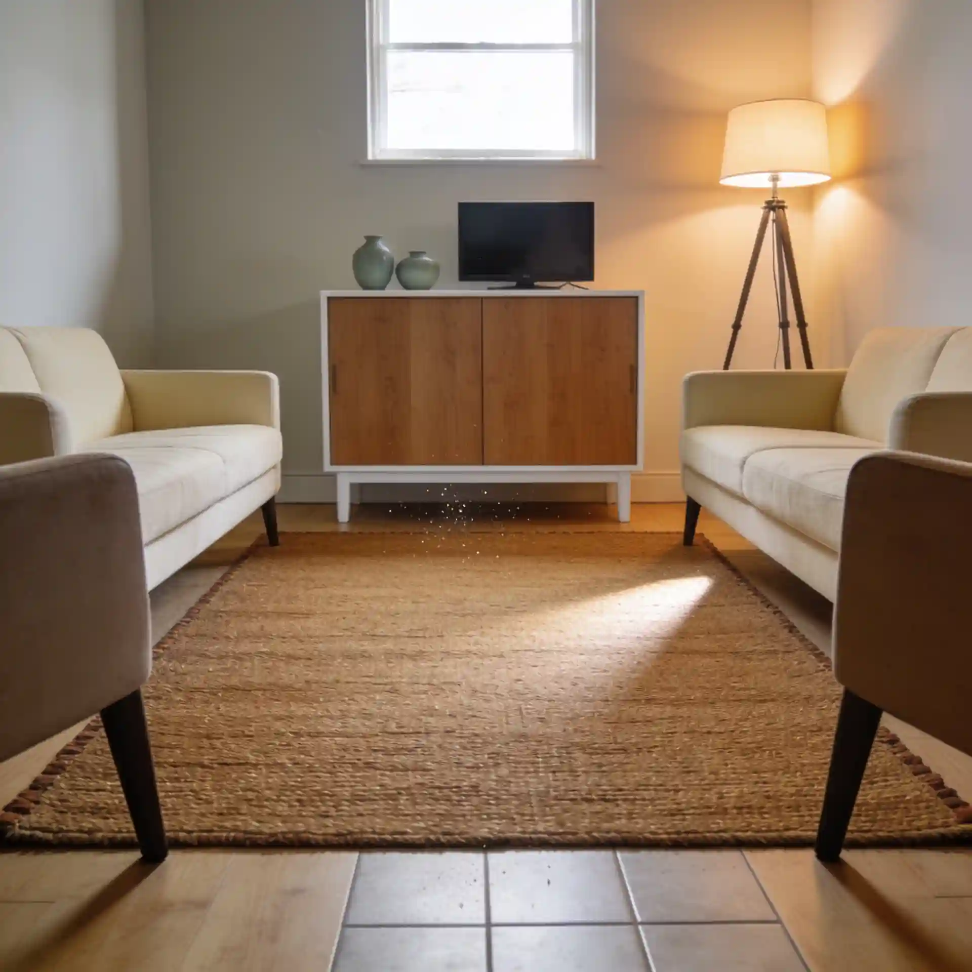 Small living room layout showing front legs of sofa and accent chairs on an 8x10 jute rug with 18 inches of clear floor at the edges