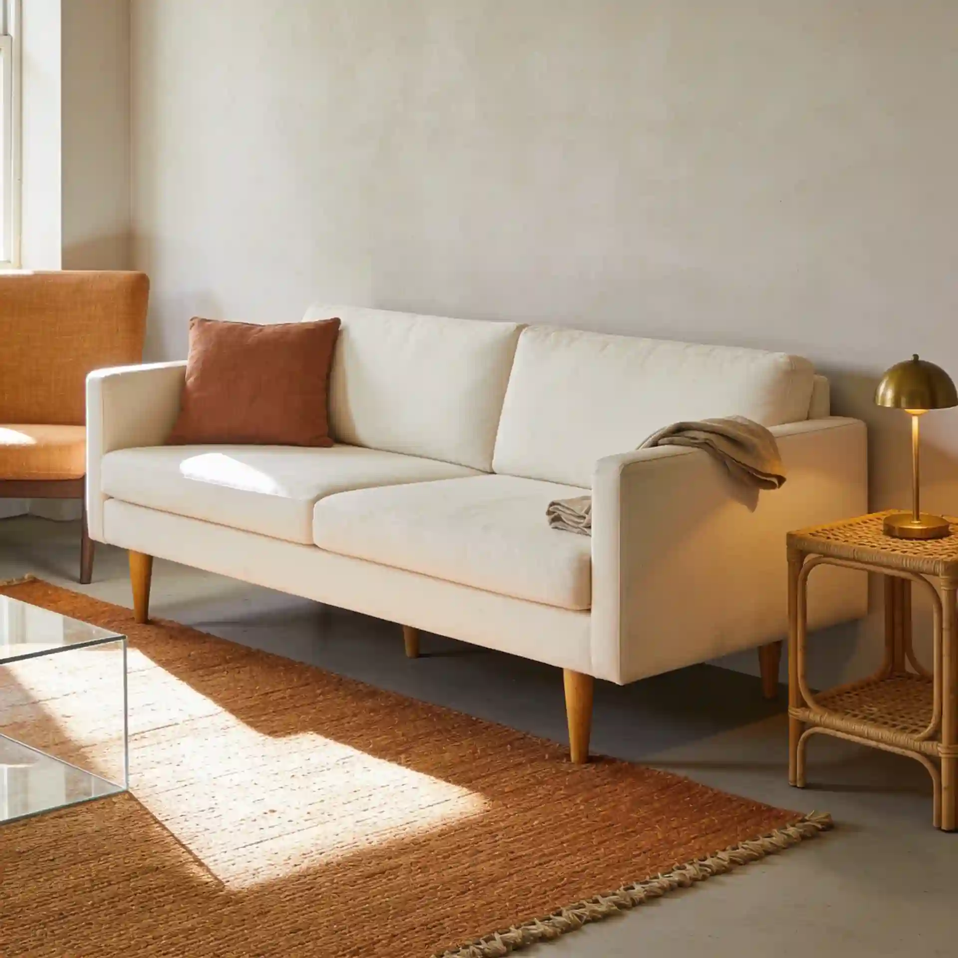 Small living room showing correct sofa scale with exposed legs, 36-inch clearance, and an 8x10 area rug anchoring the seating zone