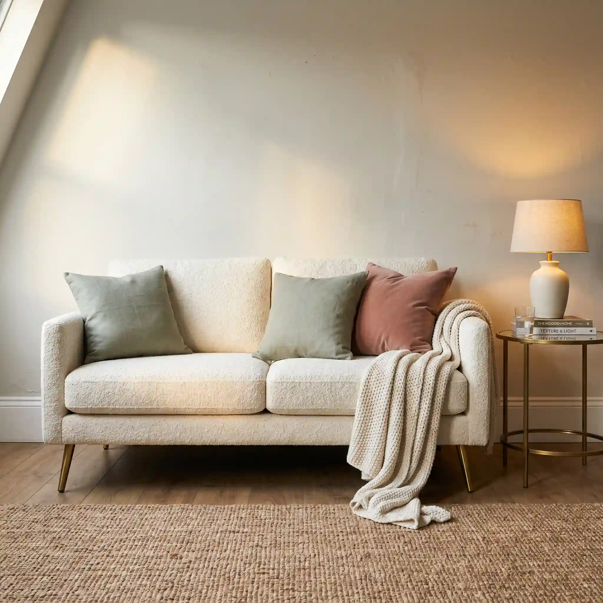Small living room showing 80-inch boucle sofa anchored against a warm greige wall with visible leg clearance