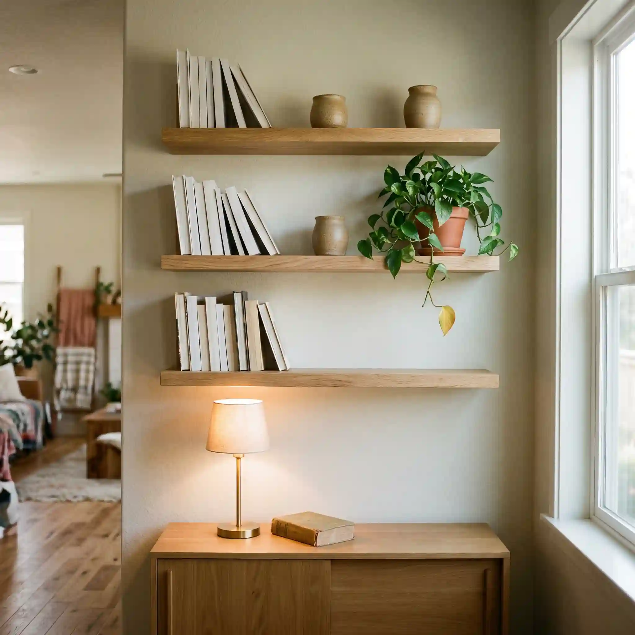Wall-mounted floating shelves in a small living room styled with books, ceramics, and one trailing plant above a credenza