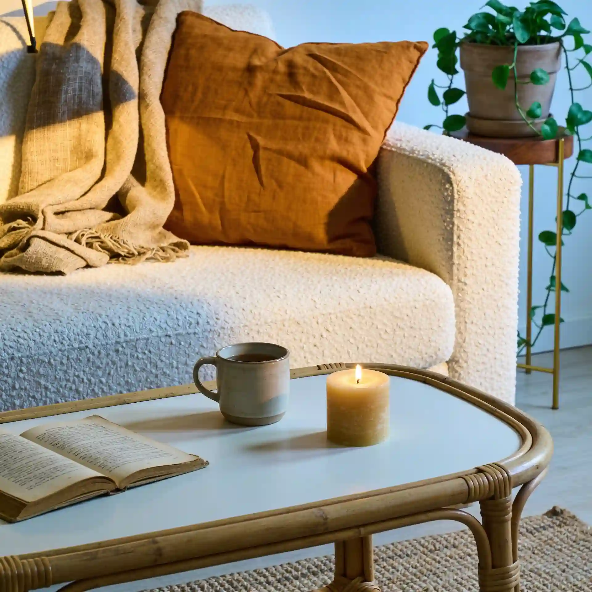 Small living room close-up showing boucle throw, linen pillow covers, jute rug texture, and rattan side table for layered material depth