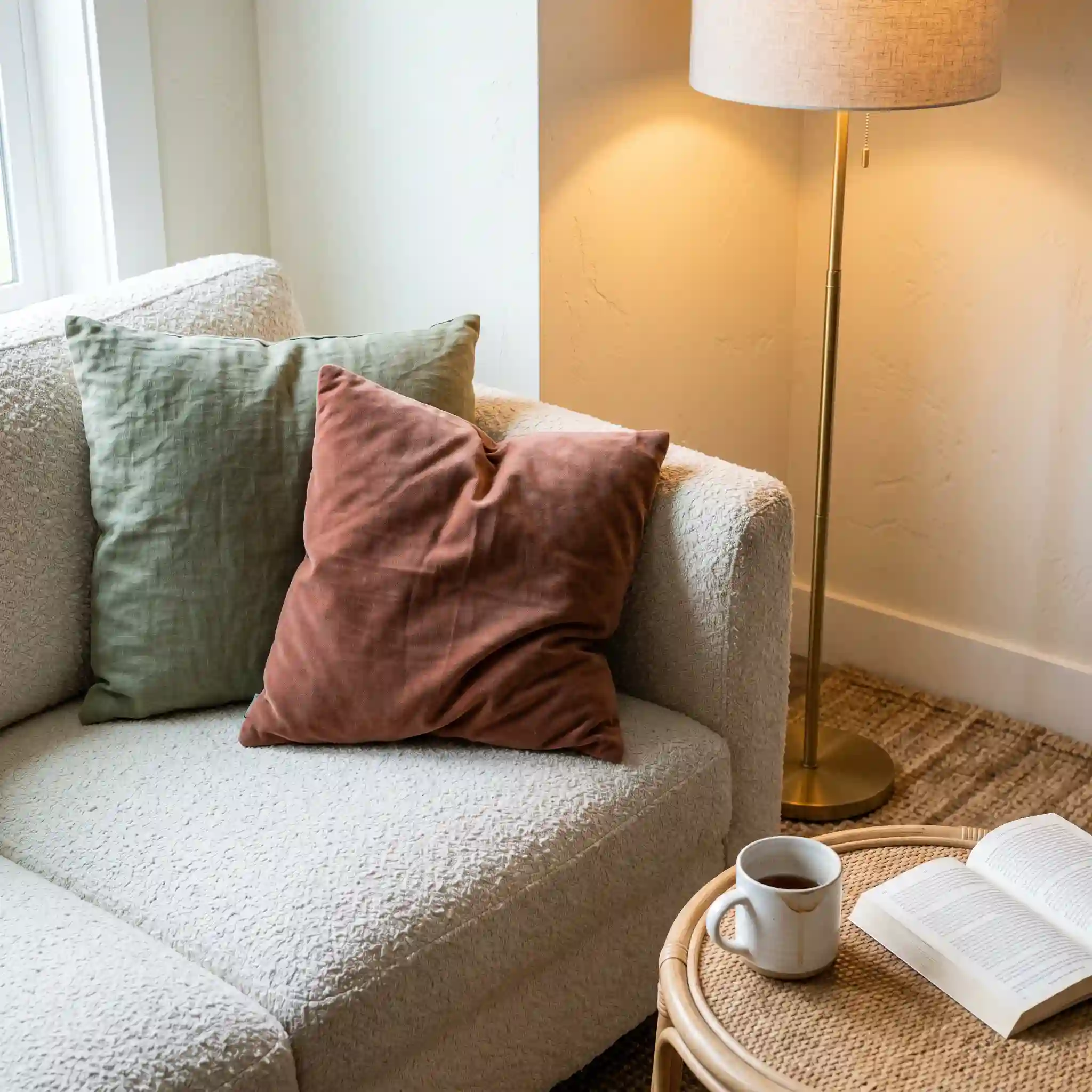 Close-up of a small living room corner showing velvet sofa cushion, boucle throw, and brass floor lamp at warm tone
