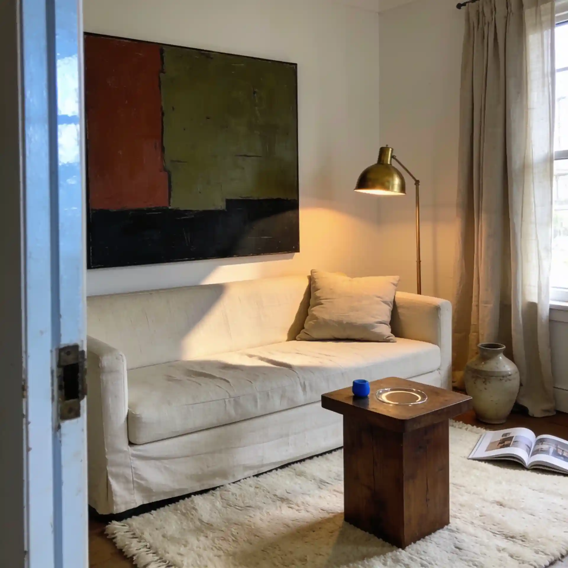 Large abstract canvas above a cream sofa with warm pillows and brass floor lamp