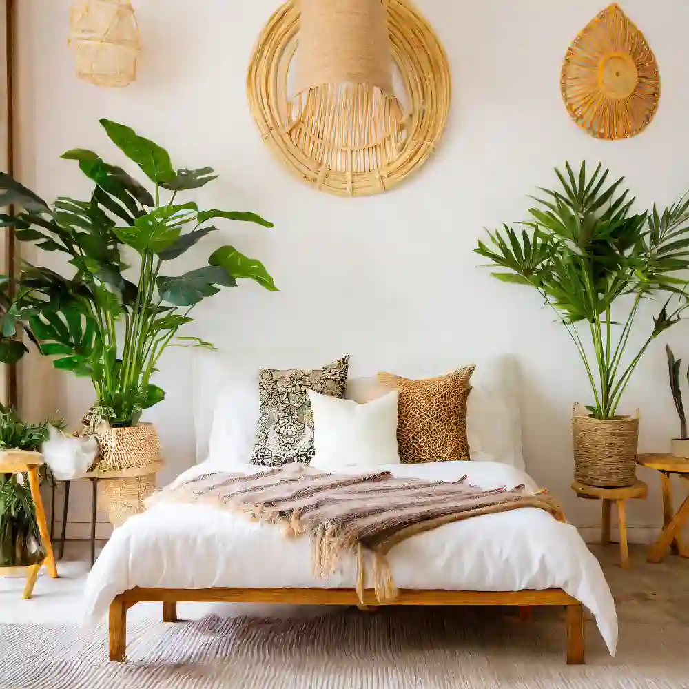 Soft sage green farmhouse bedroom with cream bedding, warm oak furniture, jute rug, and a small plant