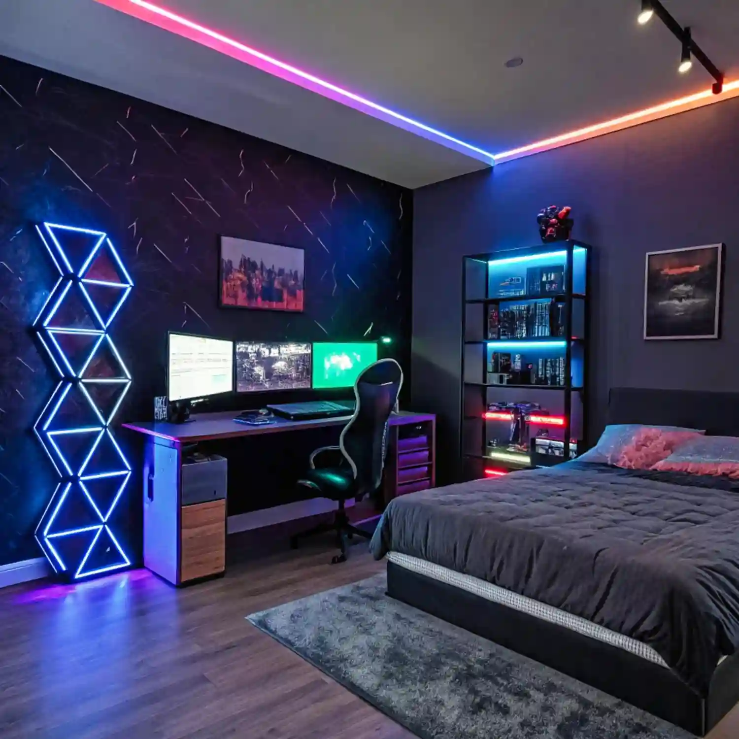 Spare bedroom man cave with gaming room man cave setup, acoustic panels on walls, and LED ambient lighting