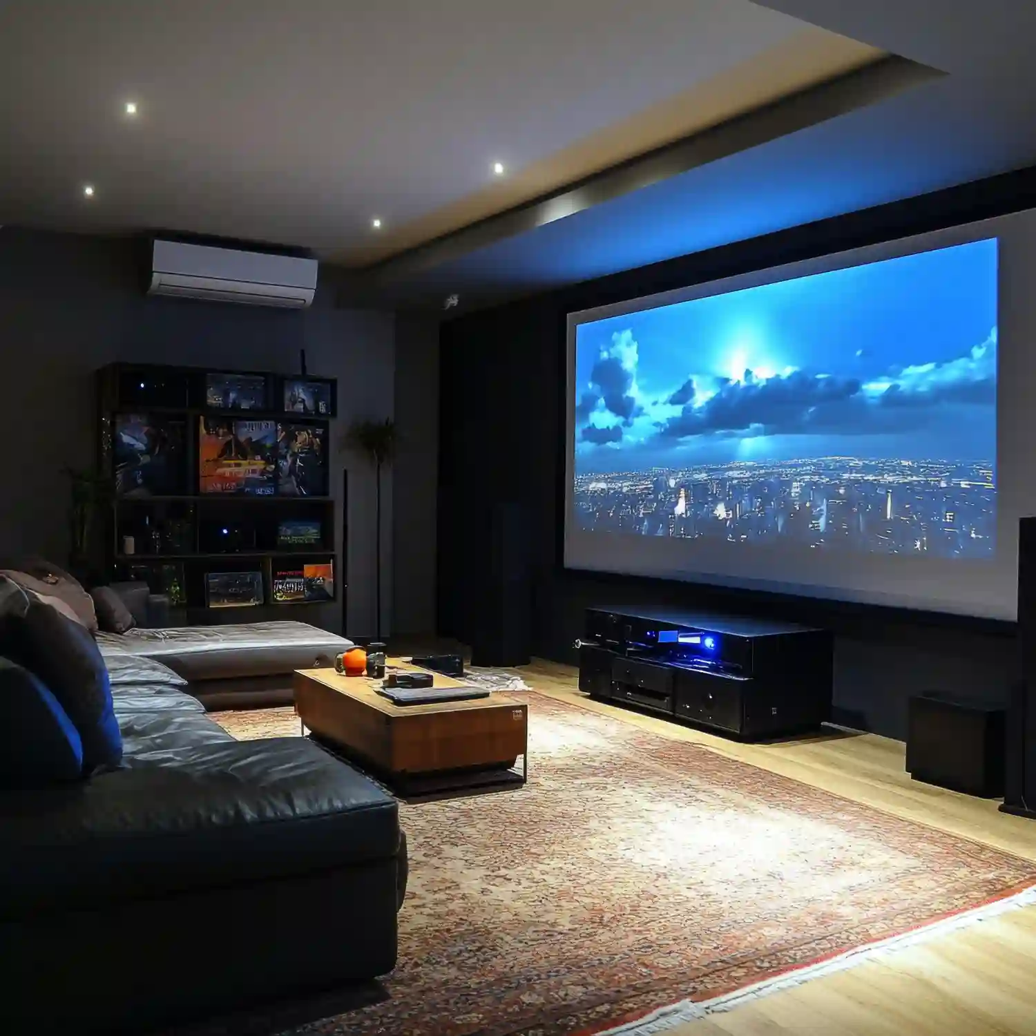 Sports man cave fan room with three large TVs on the wall, leather recliners, and team jersey displays in shadow boxes