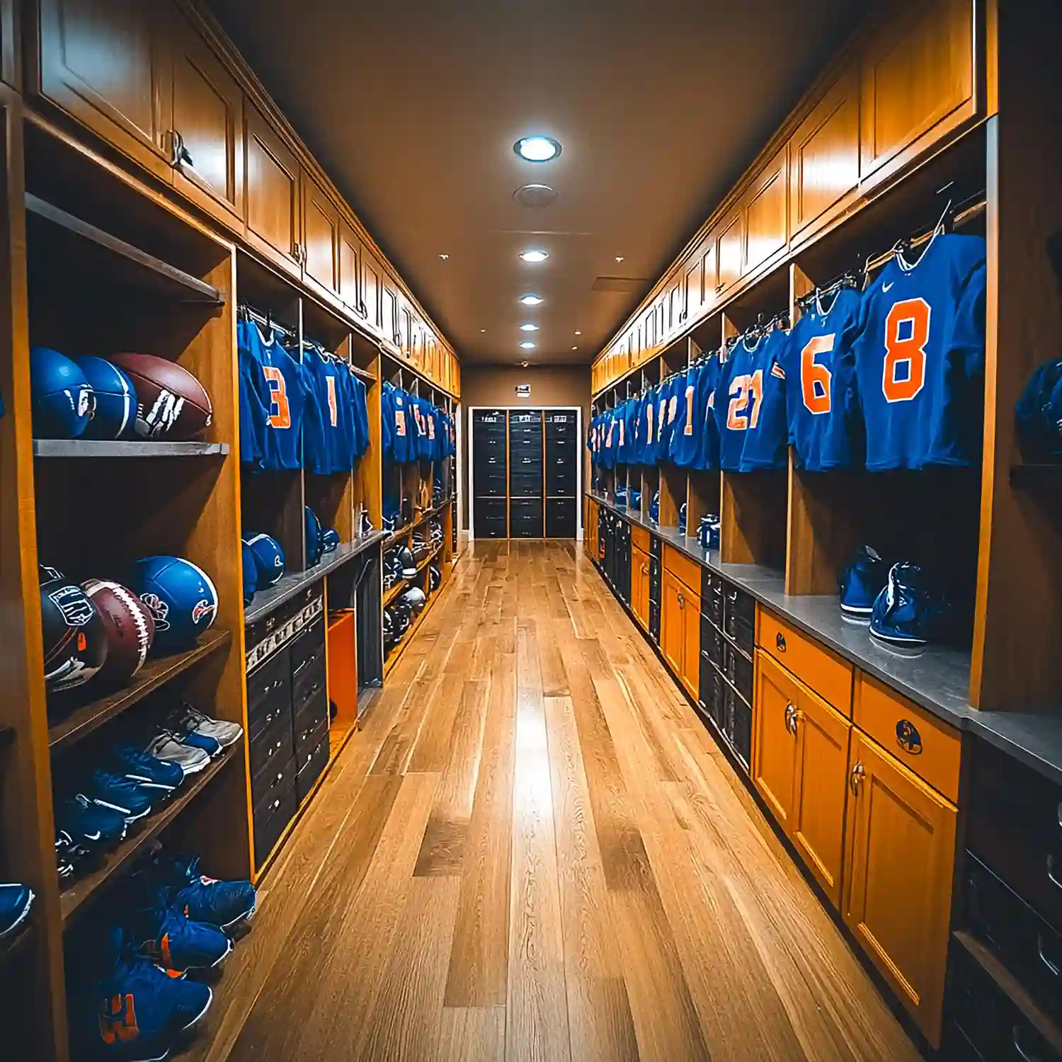 Sports man cave with team color accent wall, floating jersey display shelves, neutral grey sofa, and black powder shelving