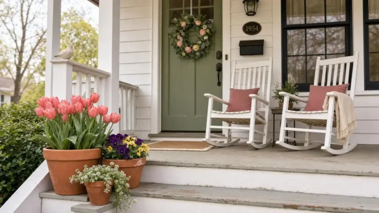 Inviting spring front porch with white rocking chairs, terracotta planters of pink tulips, eucalyptus wreath on a sage green door