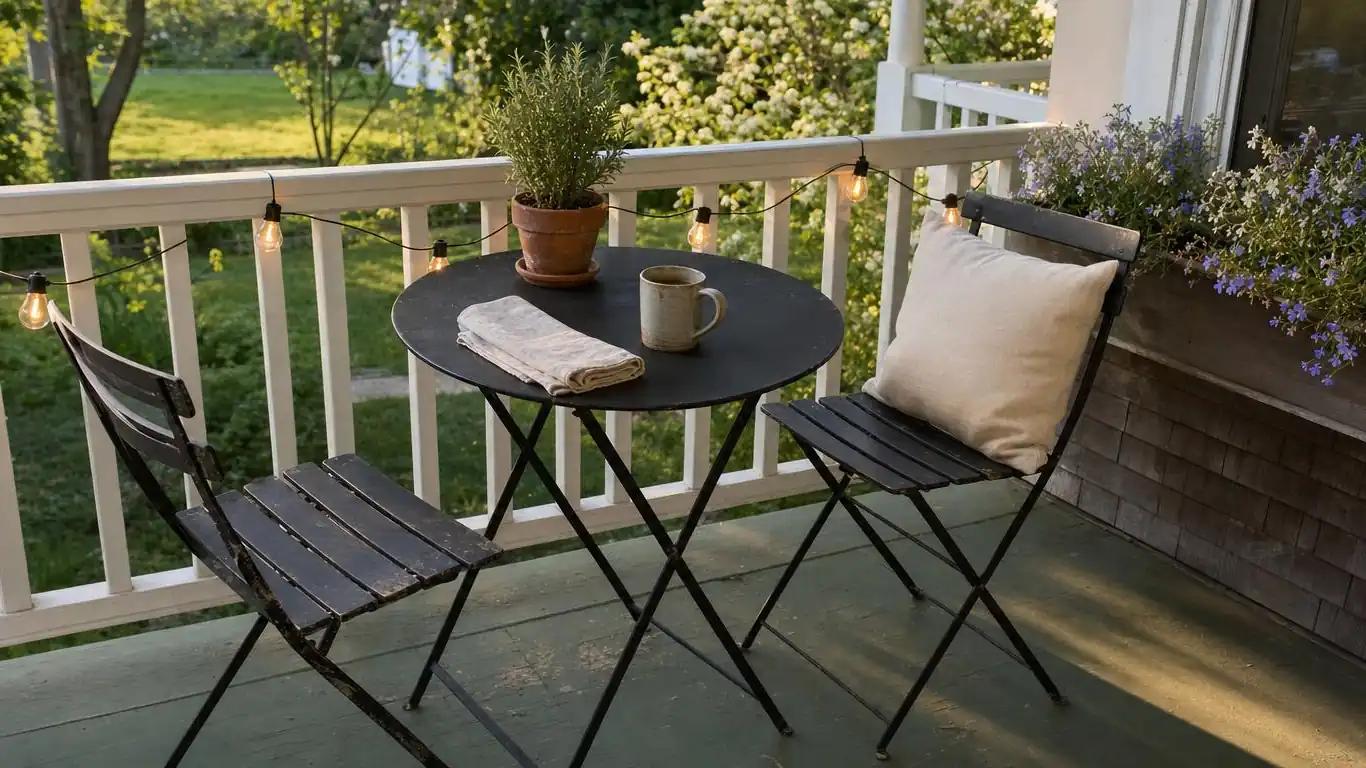 Small bistro table and two iron chairs on a covered porch with warm string lights and a potted herb centerpiece
