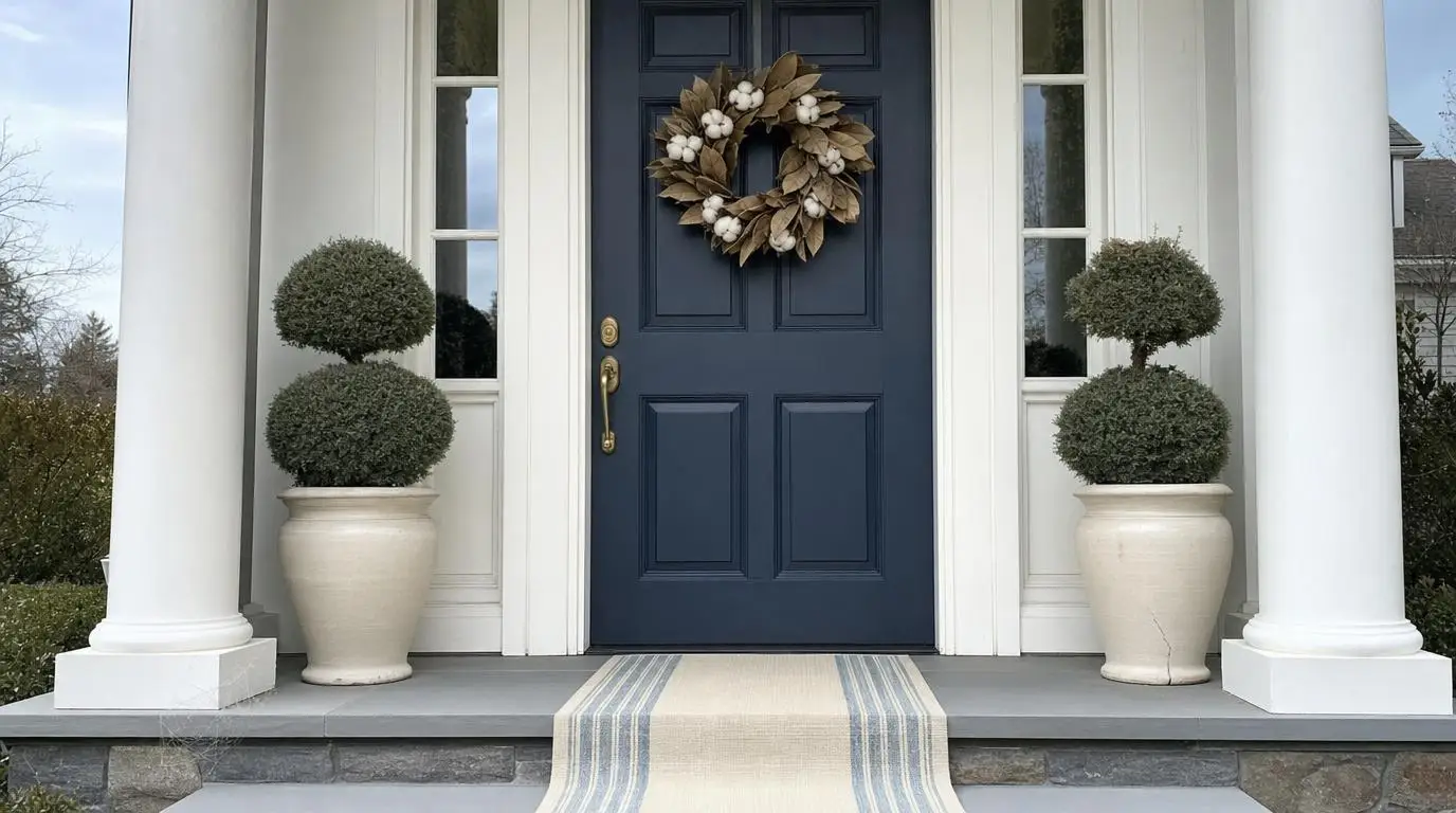 Spring porch color palette detail showing sage green door, warm cream cushions, and blush pink florals
