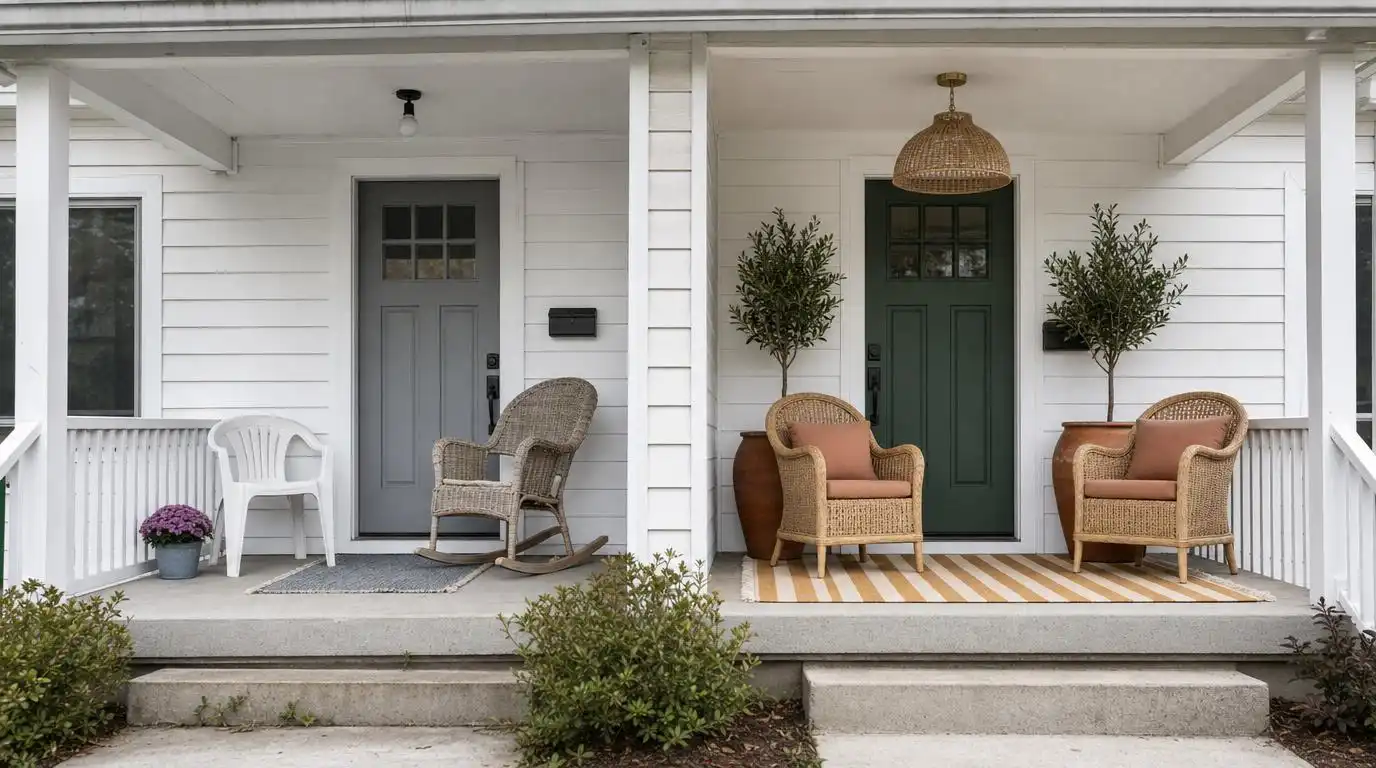 Before and after comparison of spring porch styling showing scale correction and cohesive color palette