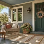 Inviting spring porch with terracotta planters, a forest green door, cream striped rug, and rattan loveseat