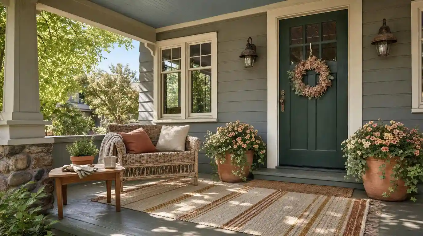 Inviting spring porch with terracotta planters, a forest green door, cream striped rug, and rattan loveseat