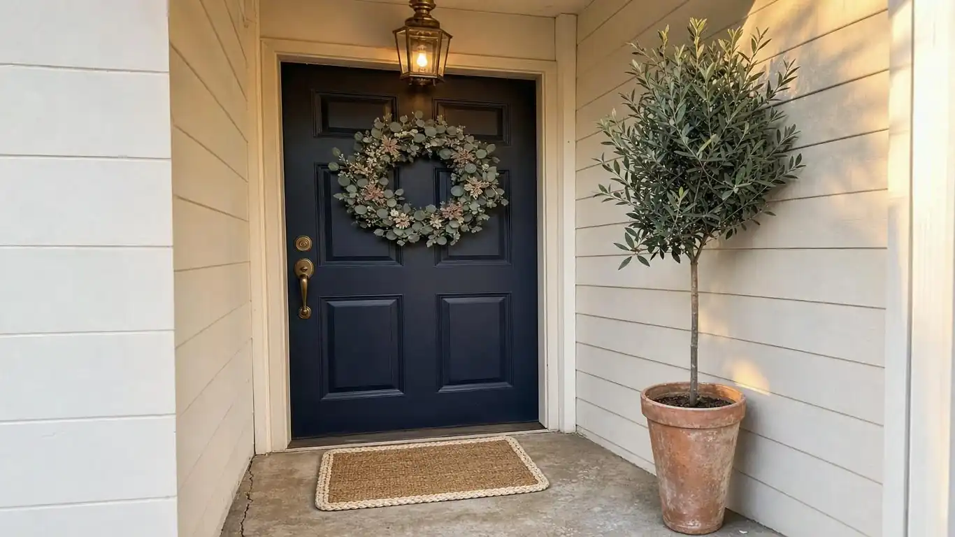 Tiny covered front stoop with a single tall planter a jute mat and a spring wreath showing minimal but effective seasonal styling