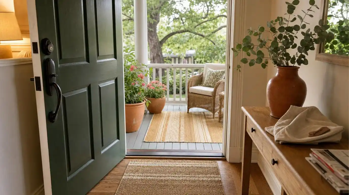 Spring porch exterior leading to an open front door with matching warm tones visible in the entryway interior