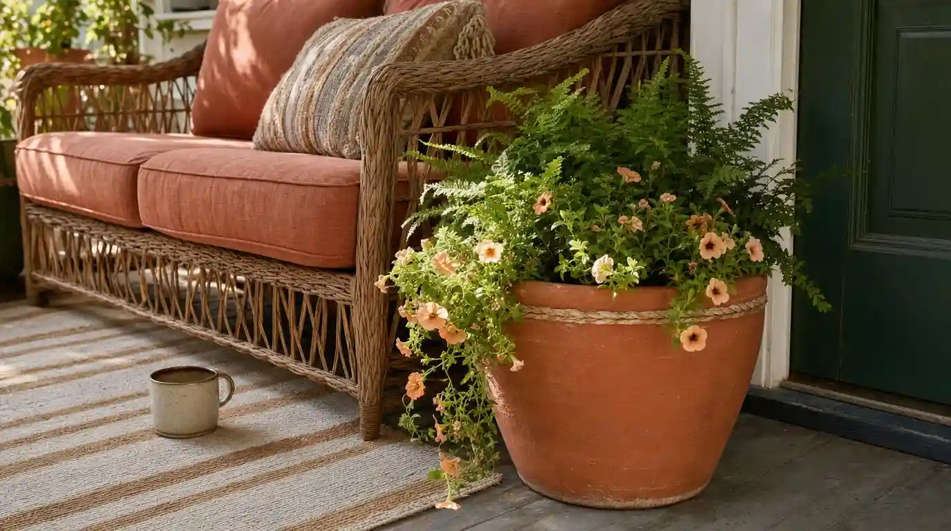 Covered craftsman porch showing three styling layers — furniture structure, linen cushions, and seasonal plants