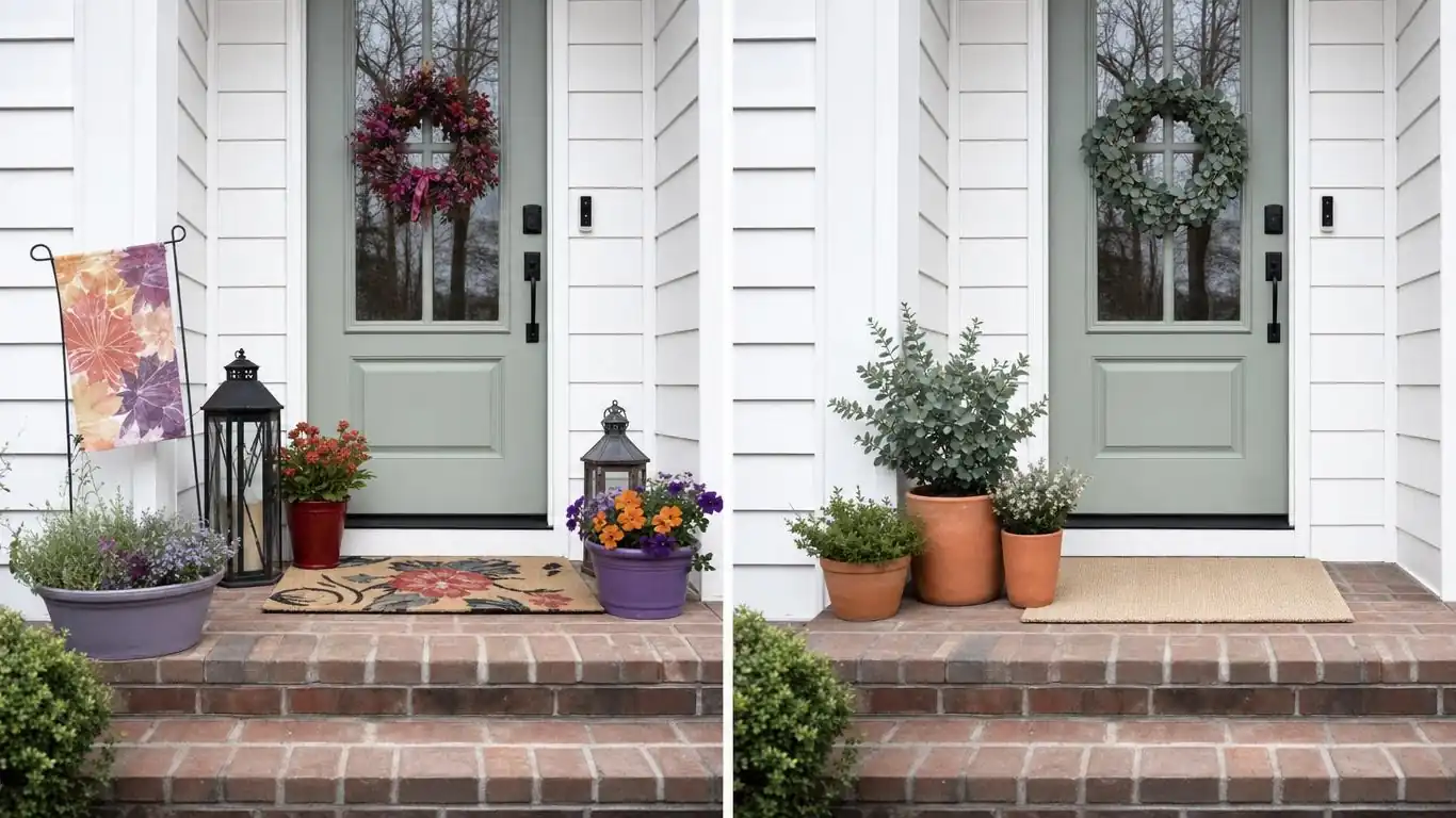 Split view showing overcrowded front porch versus a clean edited spring porch with three coordinated accessories